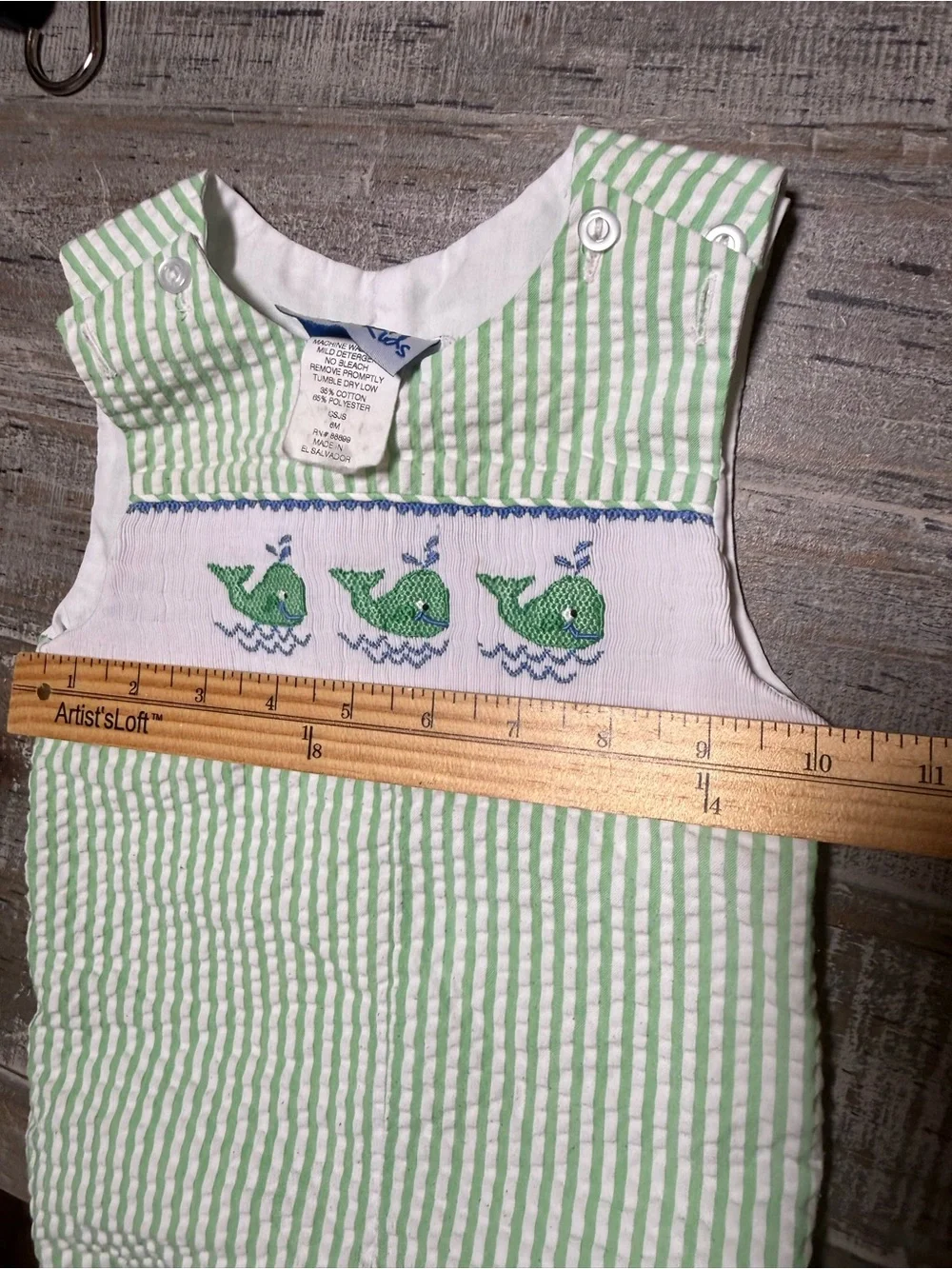 Vintage Kelly's Kids Green Seersucker Smocked Whale Romper 6 Mo Boys